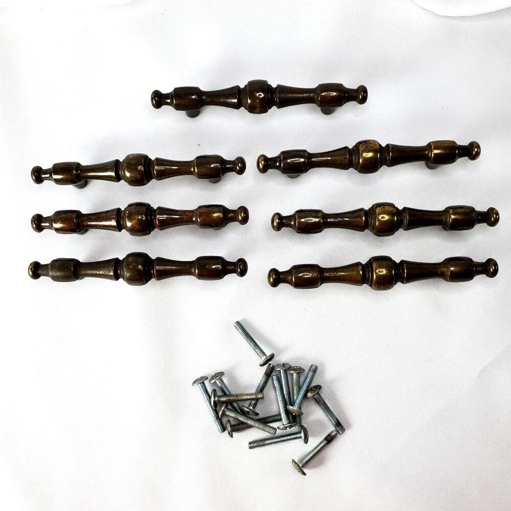 7 Vintage Brass Drawer Pulls Handles With Screws 3" Center Hole Spacing - Picture 2 of 6